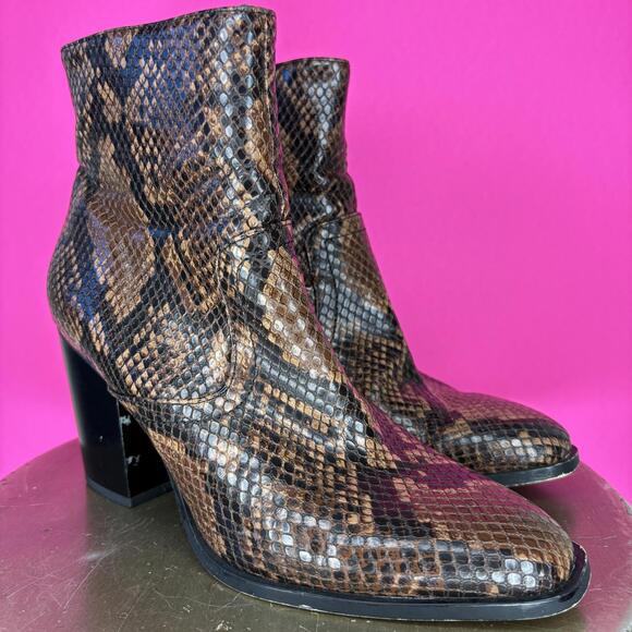 Zara Brown Black Snake Embossed Faux Leather Block Heel Boot Sz 38 - Picture 1 of 8